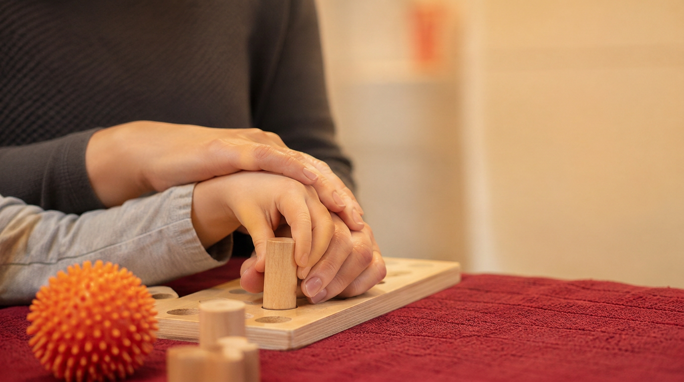 Therapeutische Übung: Ergotherapeutin begleitet eine Hand bei der Feinmotorik mit Holzspielzeug