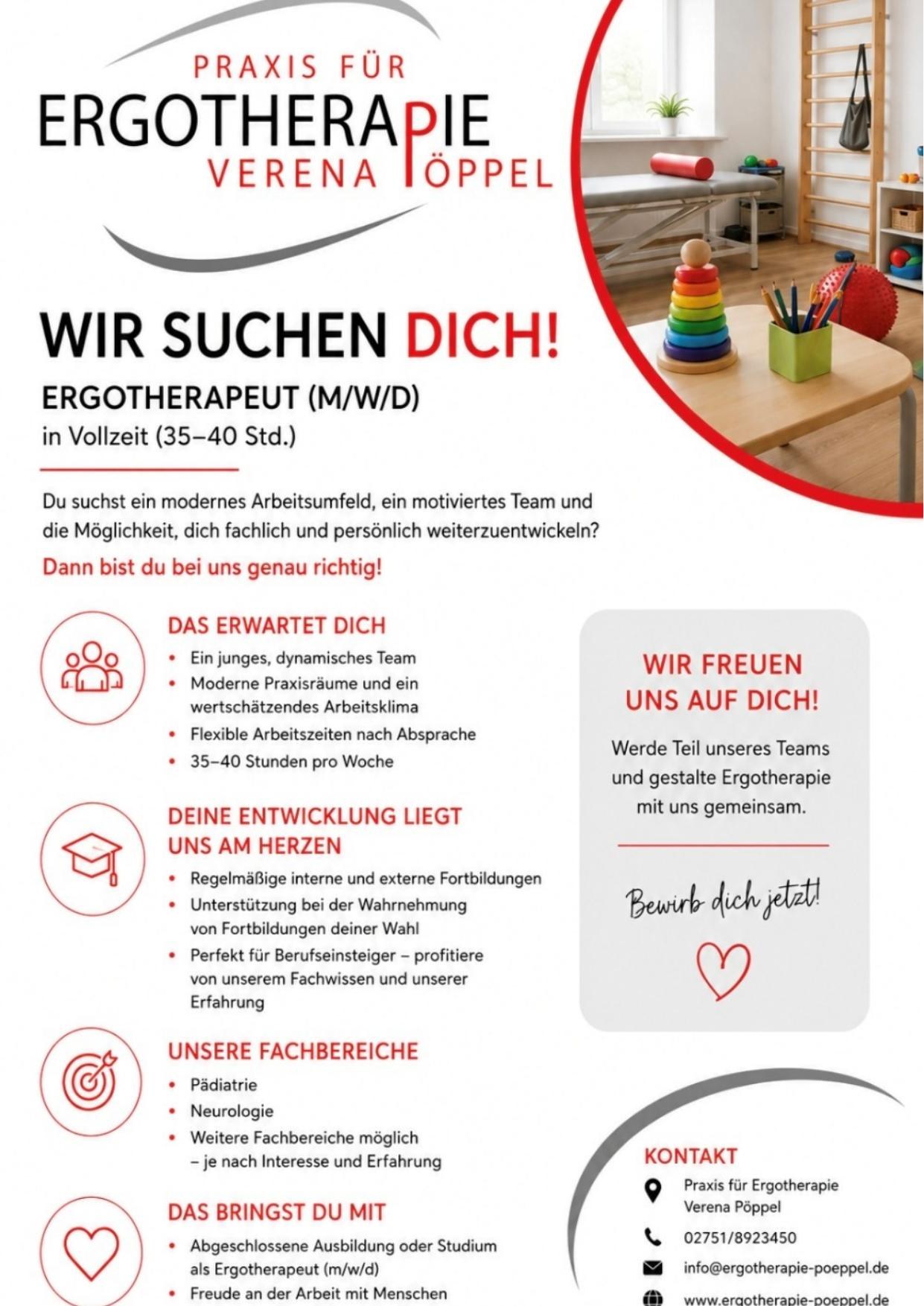 Stellenanzeige: Ergotherapeut (m/w/d) in Vollzeit bei der Praxis für Ergotherapie Verena Pöppel